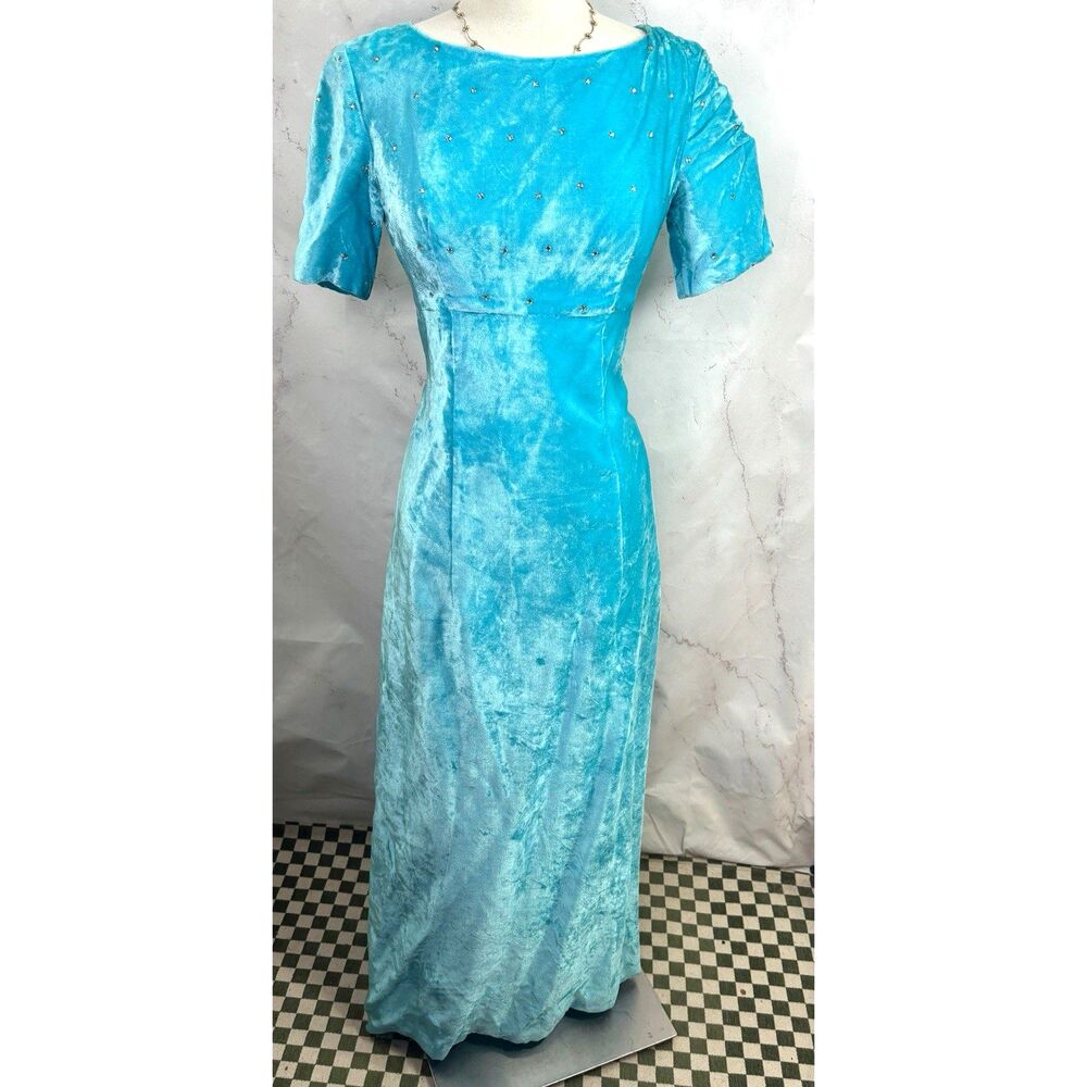 Vintage 60s Baby Blue Velvet Maxi Dress Empire Waist Crystal stones Gown Glam S